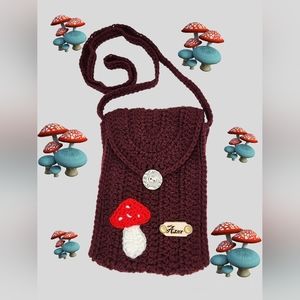 Mushroom purse, completely handmade piece. Burgundy with a mushroom applique.